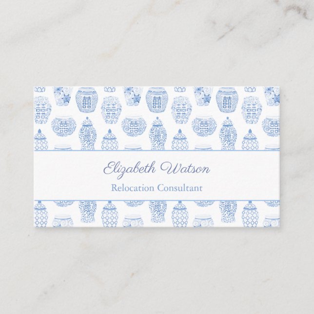 Preppy Blue And White Ginger Jar Business Card (Front)