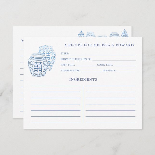 Preppy Blue And White Ginger Jars Recipe Card (Front/Back)