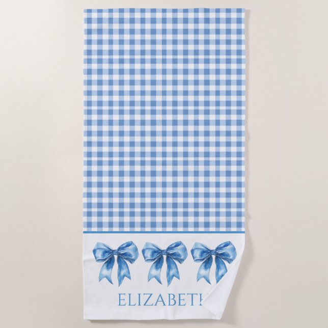 Preppy Blue and White Gingham and Bow Beach Towel (Front)