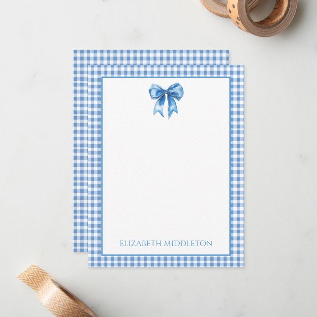 Preppy Blue and White Gingham and Bow Card (Front/Back In Situ)