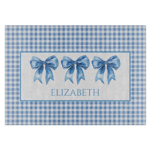 Preppy Blue and White Gingham and Bow Cutting Board (Front)