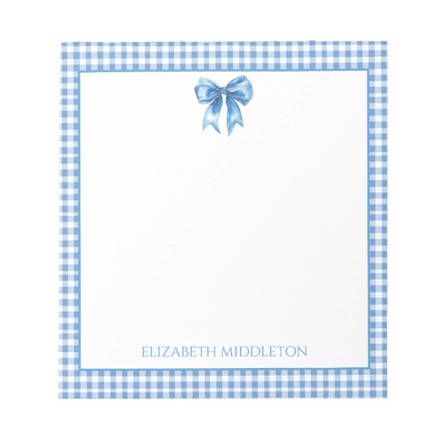 Preppy Blue and White Gingham and Bow Notepad (Front)