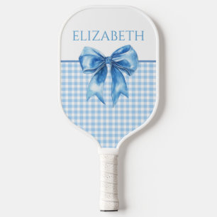 Preppy Blue and White Gingham and Bow Pickleball Paddle