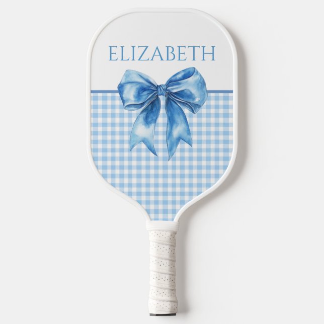 Preppy Blue and White Gingham and Bow Pickleball Paddle (Front)