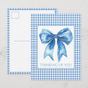 Preppy Blue and White Gingham Plaid and Bow Postcard