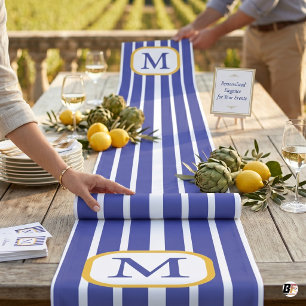 Preppy Blue and White Striped Gold Monogram Long Table Runner