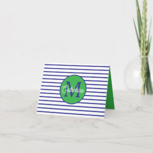 Preppy Blue and White Stripes With Green Monogram Note Card