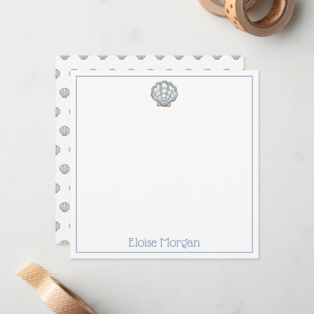 Preppy Blue and Yellow Plaid Scallop Seashell Card (Front/Back In Situ)