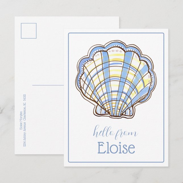 Preppy Blue and Yellow Plaid Scallop Seashell Postcard (Front/Back)