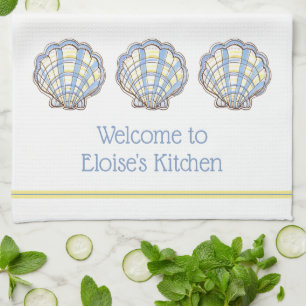 Preppy Blue and Yellow Plaid Scallop Seashell Tea Towel