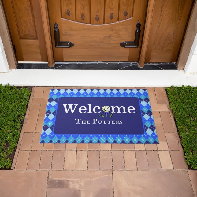 Preppy Blue Argyle Personalised Golf Tee Welcome Doormat (Outdoor)