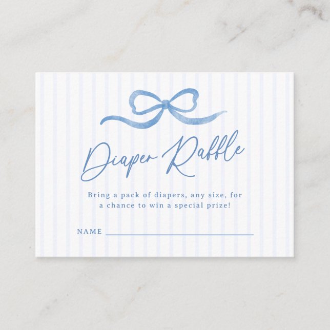 Preppy Blue Bow Baby Diaper Raffle Enclosure Card (Front)