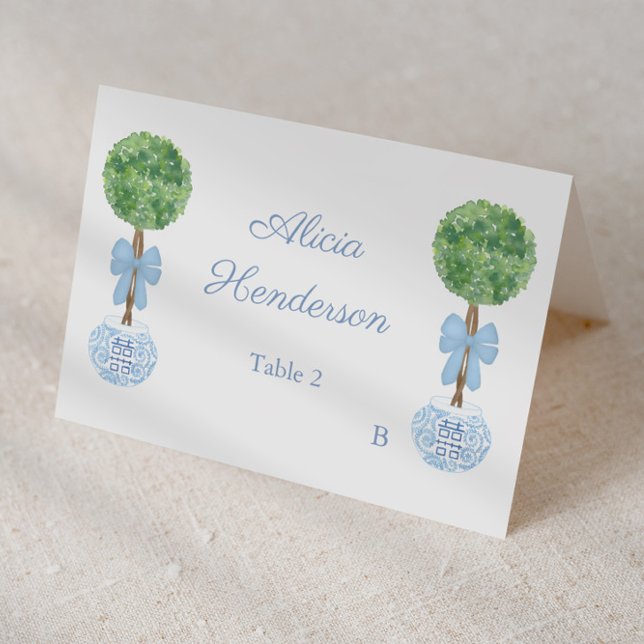Preppy Blue Bow Boxwood Individual Place Card (Elegant individual place card with watercolor boxwood topiary and pale blue bow with ginger jar )