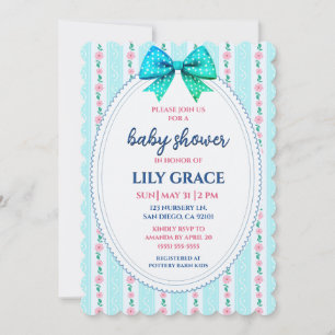 Preppy Blue Bow & Floral Baby Shower Invitation