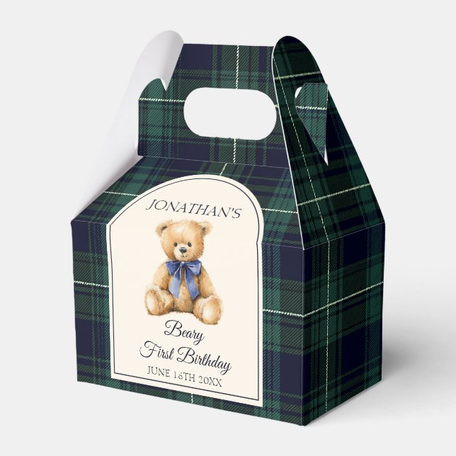 Preppy Blue Bow Teddy Bear Tartan Birthday  Favour Box (Front Side)
