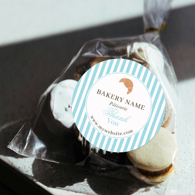 Preppy Blue Brown Stripes Bakery Logo Thank You Classic Round Sticker (Preppy Blue Brown Stripes Bakery Logo Thank You Classic Round Sticker)