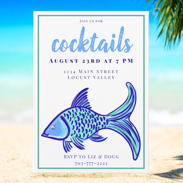 Preppy Blue Fish Coastal Cocktail Party  Invitation (Creator Uploaded)