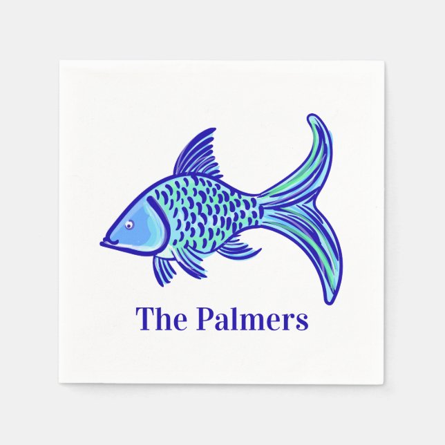 Preppy Blue Fish Personalised  Napkin (Front)