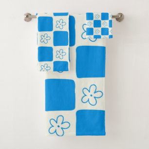 Preppy Blue Flower Chequered Pattern Bath Towel Set