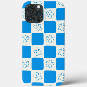Preppy Blue Flower Chequered Pattern iPhone 13 Pro Max Case