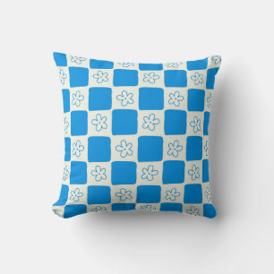 Preppy Blue Flower Chequered Pattern Cushion