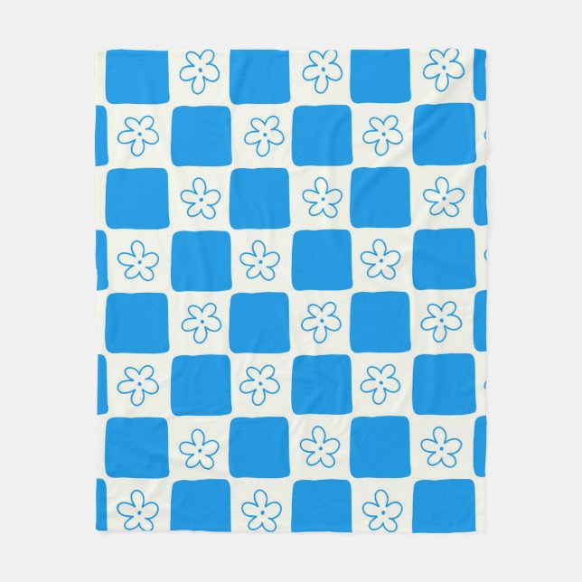 Preppy Blue Flower Chequered Pattern Fleece Blanket (Front)