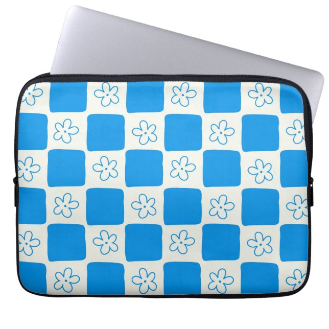 Preppy Blue Flower Chequered Pattern Laptop Sleeve (Front)