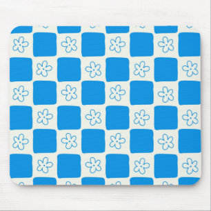 Preppy Blue Flower Chequered Pattern Mouse Pad
