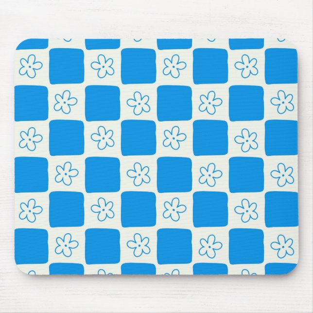 Preppy Blue Flower Chequered Pattern Mouse Pad (Front)