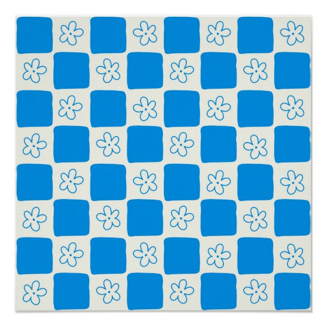 Preppy Blue Flower Chequered Pattern Poster (Front)