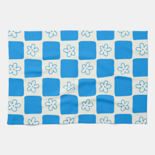 Preppy Blue Flower Chequered Pattern Tea Towel
