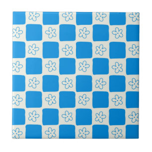 Preppy Blue Flower Chequered Pattern Tile
