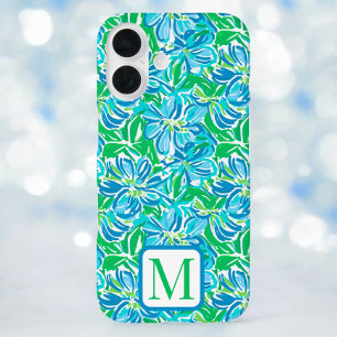 Preppy Blue Flowers Monogram iPhone 16 Case