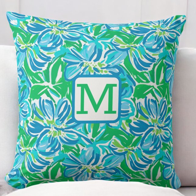 Preppy Blue Flowers Monogram Cushion (Creator Uploaded)