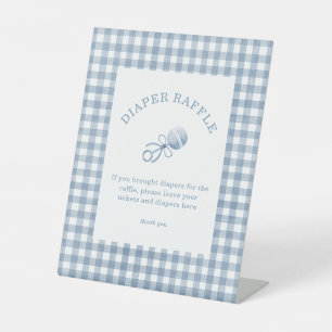 Preppy Blue Gingham Boy Baby Shower Diaper Raffle Pedestal Sign