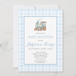 Preppy Blue Gingham Choo Choo Train Baby Shower Invitation