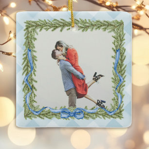 preppy blue gingham photo Christmas Ceramic Ornament
