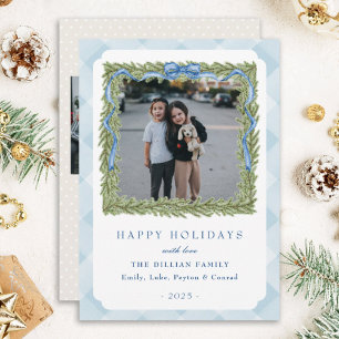 preppy blue gingham photo holiday cards