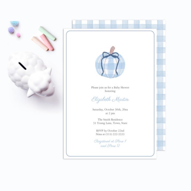 Preppy Blue Gingham Pumpkin Boy Baby Shower Party Invitation (Preppy Blue And White Gingham Plaid pumpkin baby shower for boy invitation with matching backer)