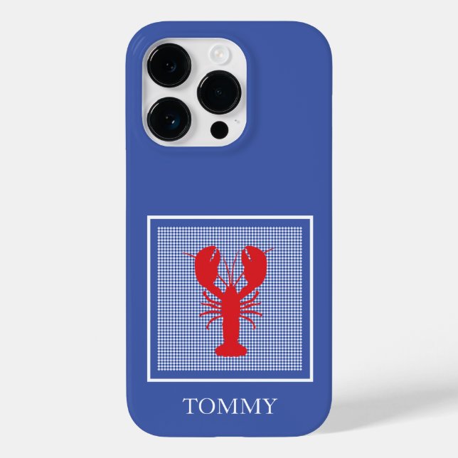 Preppy Blue Gingham Red Lobster Name Coastal Case-Mate iPhone Case (Back)