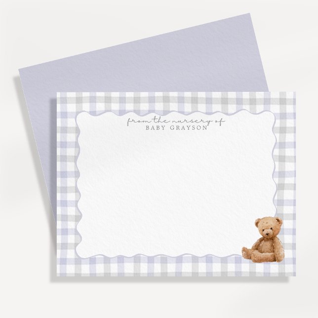 Preppy Blue Gingham Teddy Bear Nursery Note Card (Creator Uploaded)