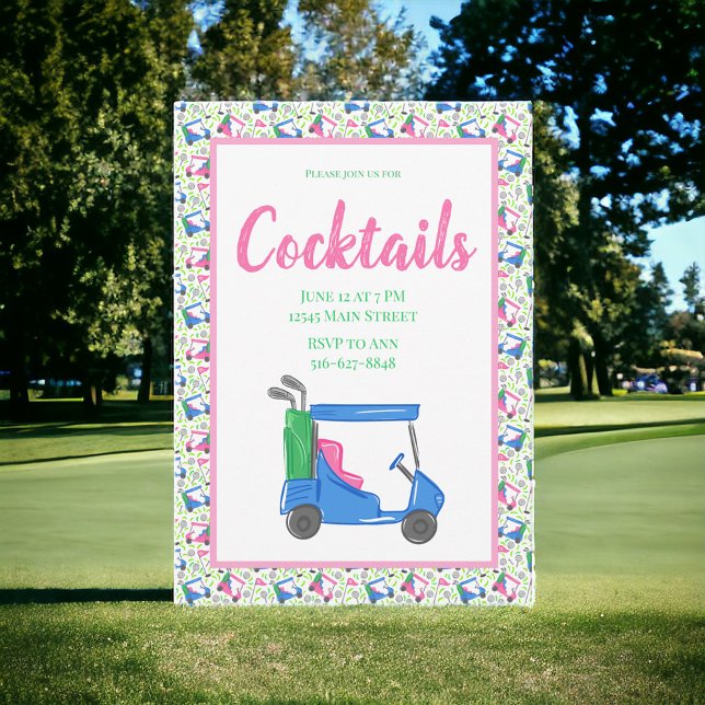 Preppy Blue Golf Cart Cocktail Party Border Invitation (Creator Uploaded)