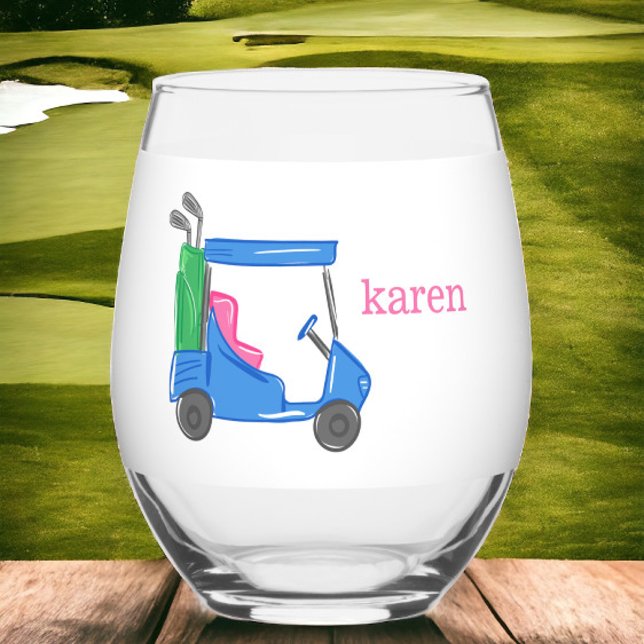 Preppy Blue Golf Cart Personalised Stemless Wine Glass (Creator Uploaded)