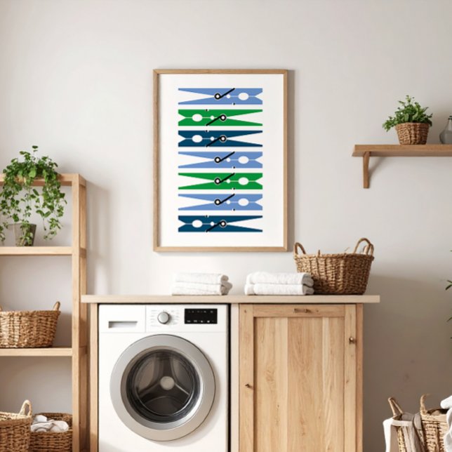 Preppy Blue Green Clothes Pins Laundry Room Art Poster (preppy blue green and white modern graphic clothes pins art for a fun laundry room)