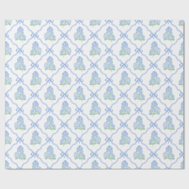 Preppy Blue Green Hydrangeas Wrapping Paper (Flat)