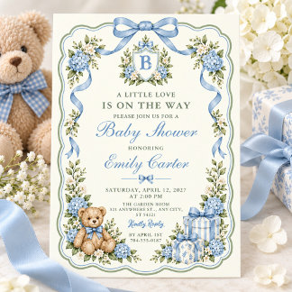 Preppy Blue Hydrangea Teddy Bear Baby Shower Invitation