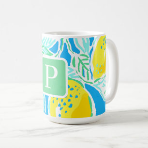 Preppy Blue Lemon Pattern Monogram Coffee Mug