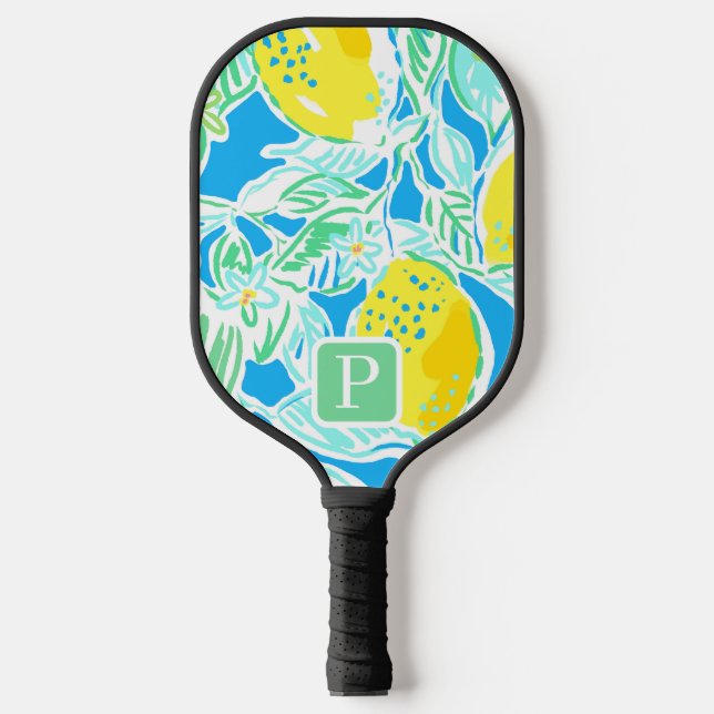 Preppy Blue Lemon Pattern Pickleball Racquet Paddle (Front)