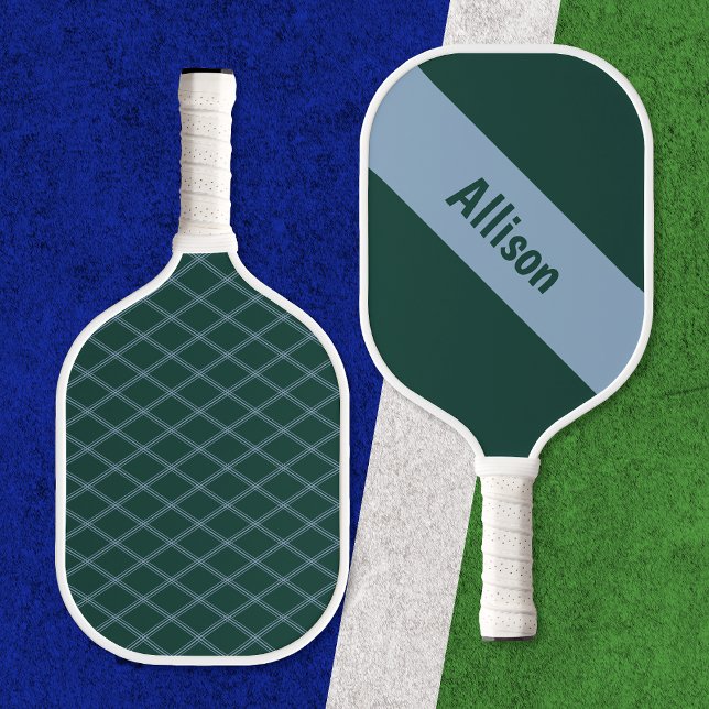 Preppy Blue on Green Pickleball Paddle with Name (Front and back views against pickleball court)