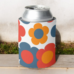 Preppy Blue Orange Hippie Flower Pattern Can Cooler